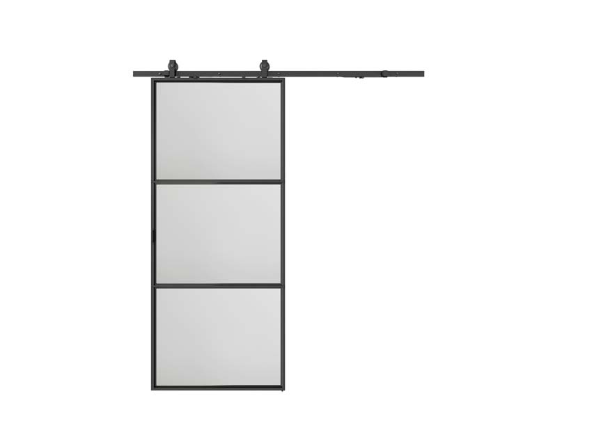 Porte coulissante simple en acier complète Tyra verre mat 3R 93x213,4cm noir + rail noir