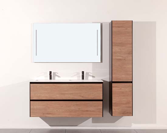 Meuble de salle de bains Molly aspect bois suspendu avec lavabo double blanc brillant 120cm
