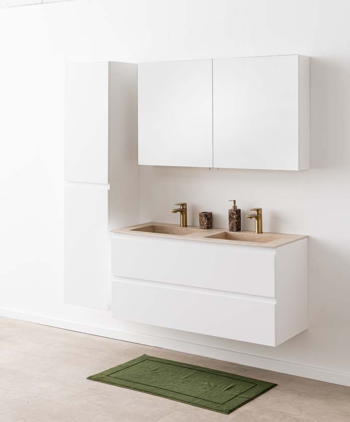Badkamermeubel Tibo wit met dubbele wastafel travertinlook 120cm