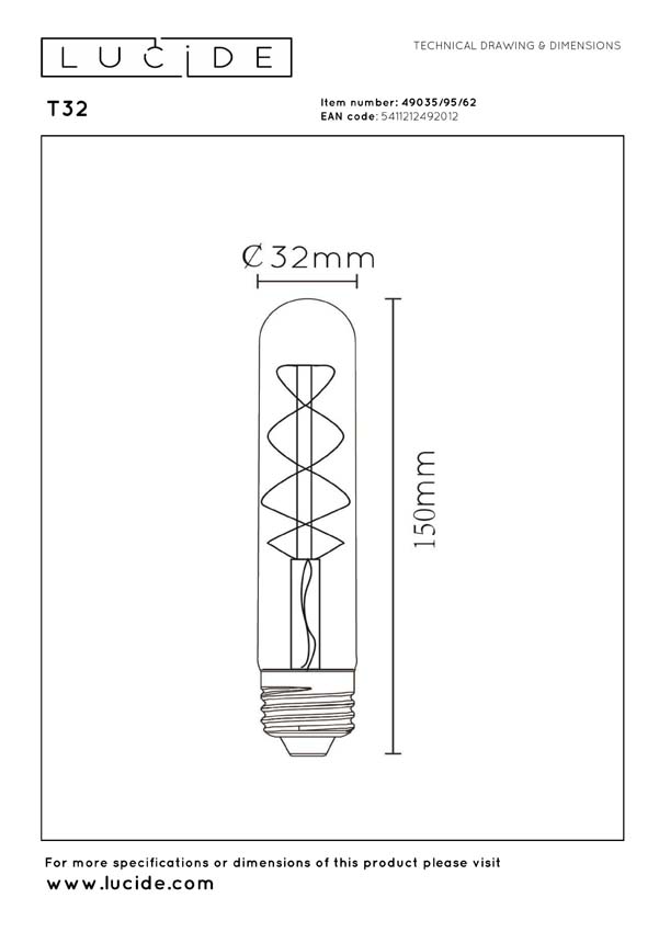 Lucide T32 - Ampoule filament - Ø3,2cm - LED 3 niveaux dimmable (Mémoire) - E27 - 1x4,9W 2200K - Ambré
