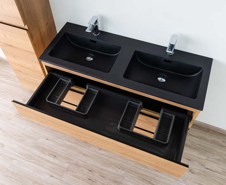 Meuble de salle de bains Daria chêne brun doré sur pied avec lavabo double noir mat 120cm