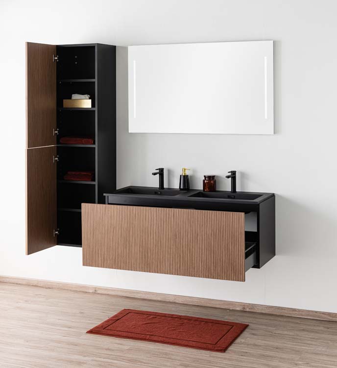 Meuble de salle de bains Dorian noyer suspendu avec lavabo double noir mat 120cm