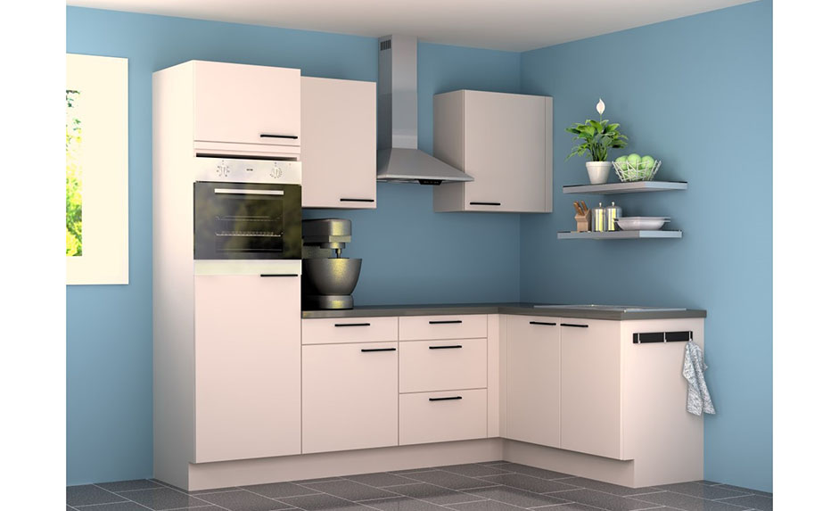 Hoekkeuken Premium 11 wit 245x165cm - voorgemonteerd - met toestellen - vitrokeramische kookplaat en inox wanddampkap