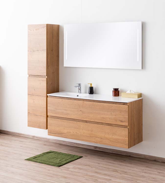 Meuble de salle de bains Daria chêne brun doré suspendu avec lavabo simple à gauche blanc brillant 140cm
