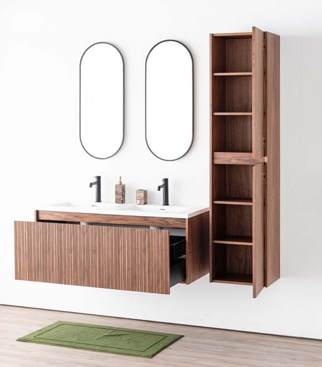 Badkamermeubel Warren walnoot hangend met dubbele wastafel mat wit 120cm