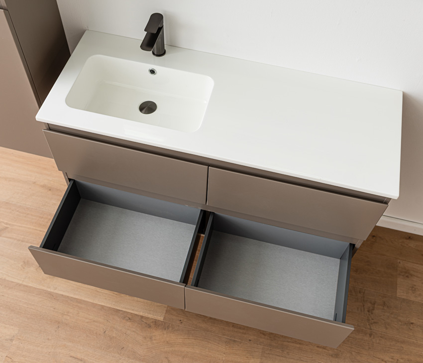 Badkamermeubel Trente taupe met enkele wastafel glanzend wit 120cm