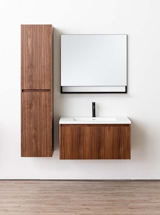 Meuble de salle de bains Warren noyer suspendu avec lavabo simple blanc mat 90cm