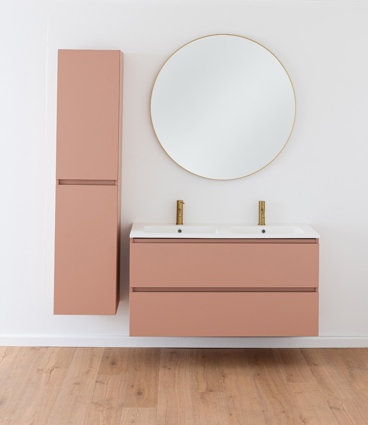 Meuble de salle de bains Dotan abricot suspendu avec double lavabo blanc mat 120cm