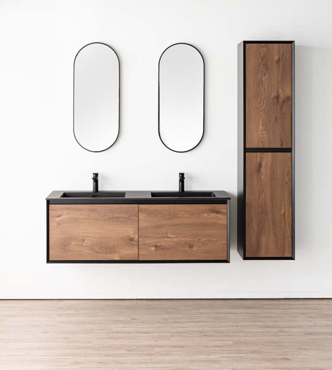 Meuble de salle de bains Justin noyer suspendu avec lavabo double noir mat 140cm