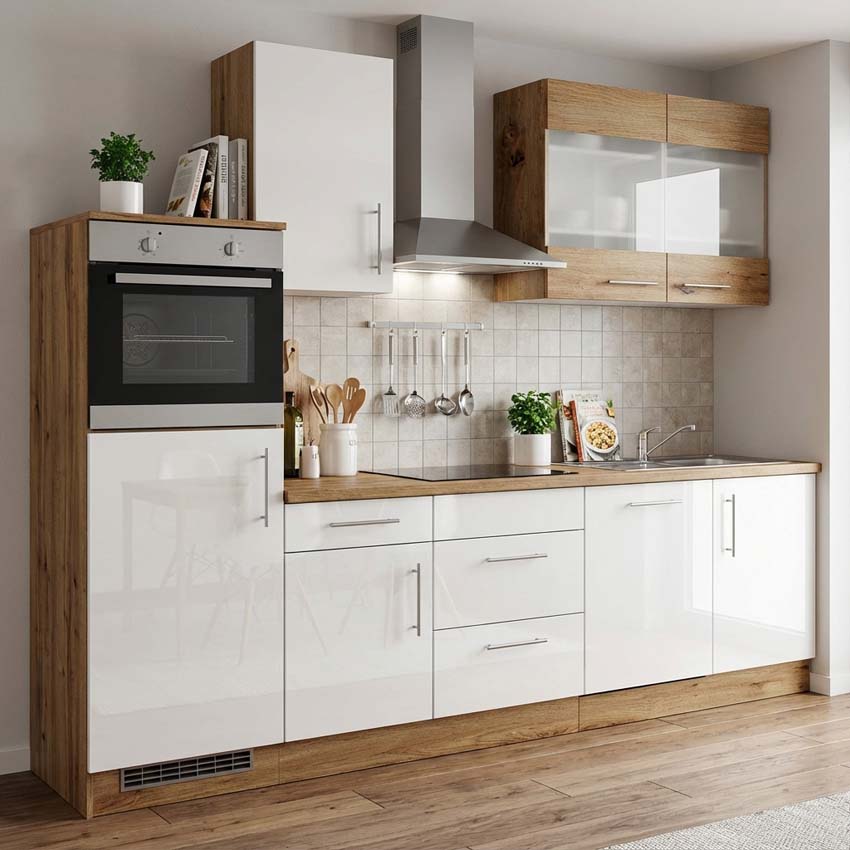 Keuken Maren wit/houtlook 280cm - met toestellen - vitrokeramische kookplaat en inox wanddampkap