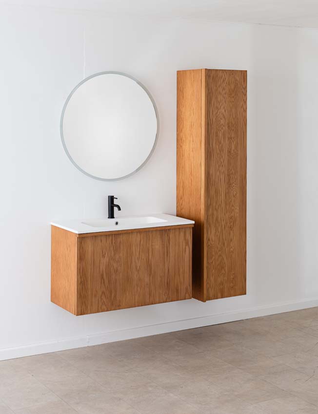 Badkamermeubel Fae eik hangend met enkele wastafel mat wit 90cm