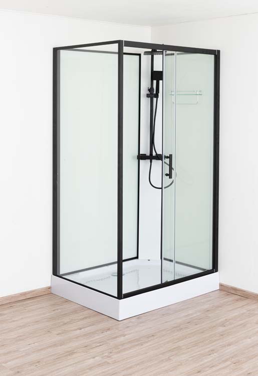 Douchecabine Ava thermostatisch rechts zwart/wit schuifdeur 90x120x226cm incl. doucheset zwart