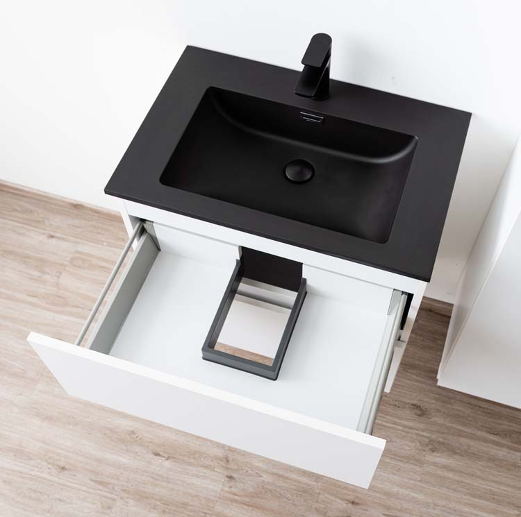 Meuble de salle de bains Pia blanc mat suspendu avec lavabo simple noir mat 70cm