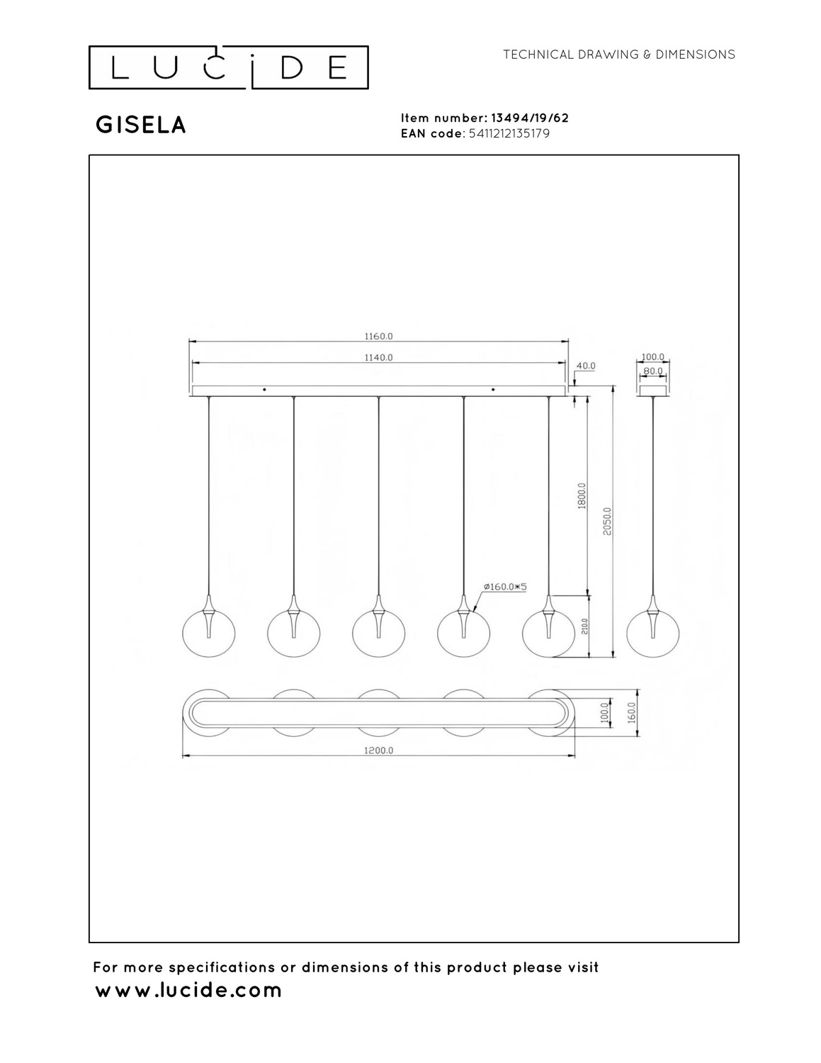 Lucide Premium Gisela - Hanglamp - LED Dimb. - 5X4W 2700K - Met vervangbare LED-module - Amber