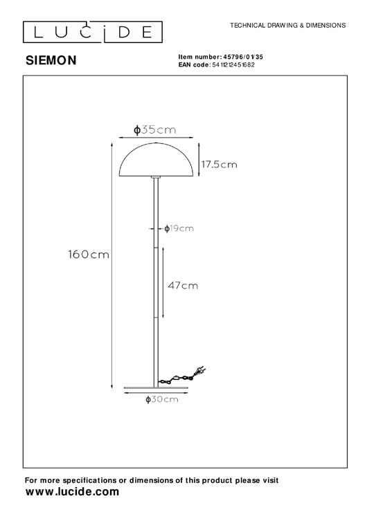 Lucide SIEMON - Vloerlamp - Ø 35 cm - 1xE27 - Blauw