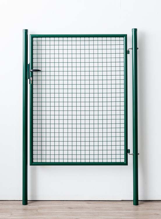 Complete enkele tuinpoort groen 150x125cm - ronde palen, inclusief palen, slot en kruk