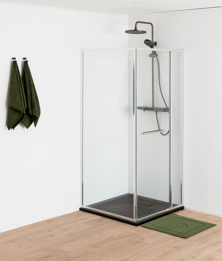 Douche d'angle Ares avec porte peu encombrante chrome 90x90x190cm