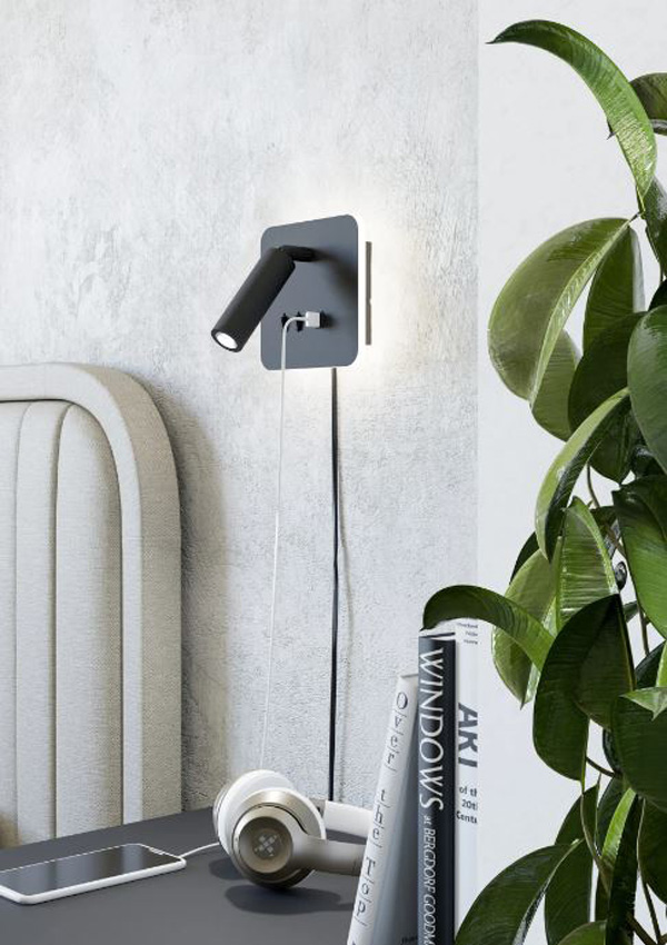Wandlamp - zwart - 14,5x14,5x9,5cm - 3-staps dimbaar - LED - 1x3W - 3000K - USB