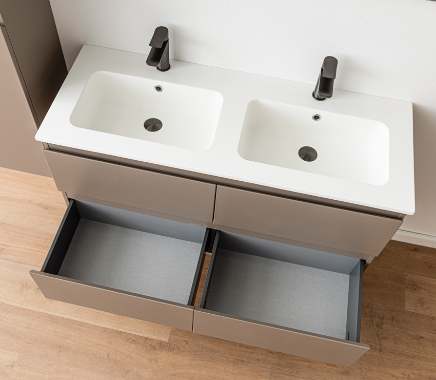 Badkamermeubel Trente taupe met dubbele wastafel mat wit 120cm