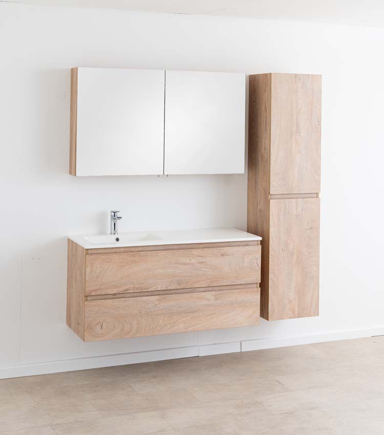 Meuble de salle de bain Tibo en chêne méditerranéen avec vasque simple blanc brillant 120cm