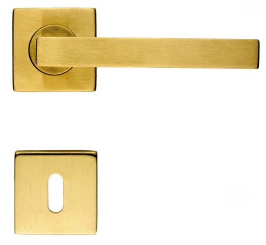 Poignée de porte pro Kubic shape cuivre mat carrée 16mm set complet avec rosaces et plaque de clé