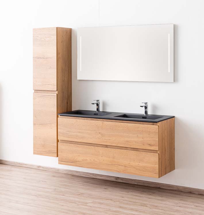 Meuble de salle de bain Daria chêne brun doré 1400 mm lavabo noir mat