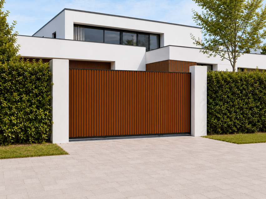 Schuifpoort Line up aluminium houtlook rechts 358x175cm te motoriseren