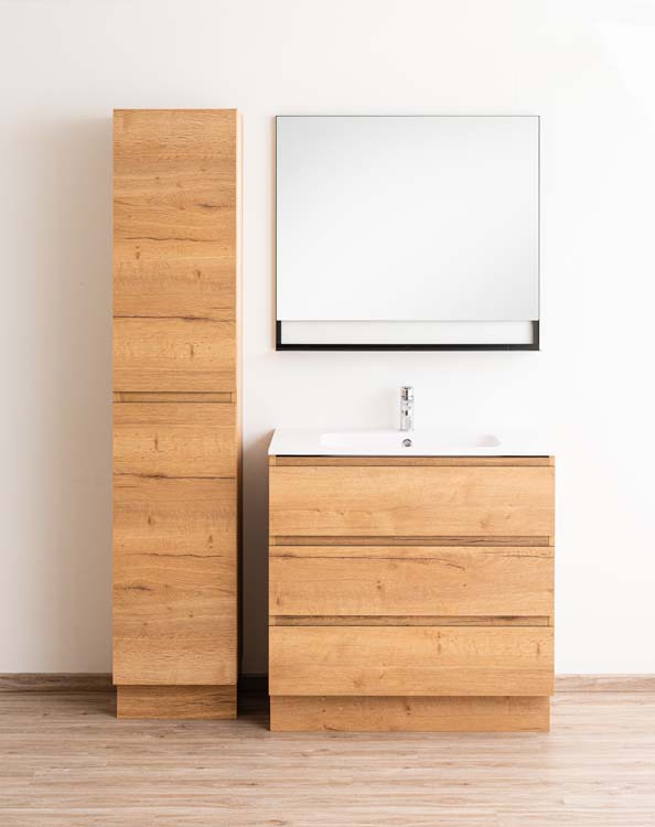 Meuble de salle de bains Daria chêne brun doré sur pied avec lavabo simple blanc mat 90cm