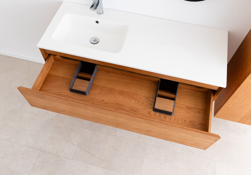 Badkamermeubel Fior eik hangend met enkele wastafel mat wit 120cm