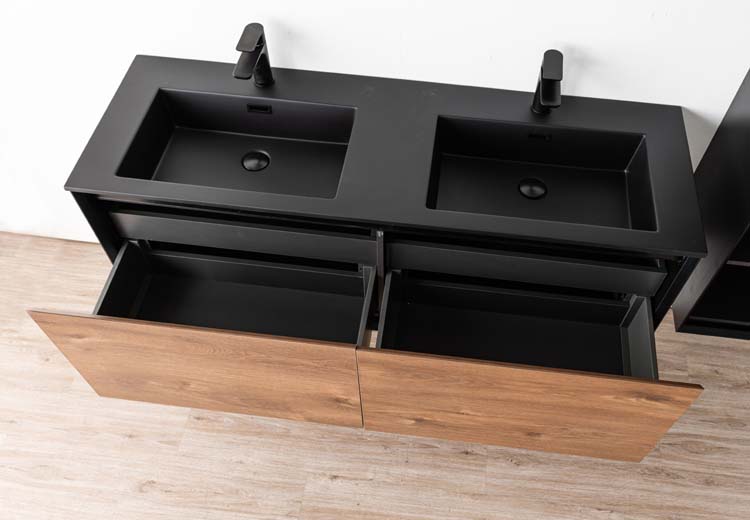 Meuble de salle de bains Justin noyer suspendu avec lavabo double noir mat 140cm