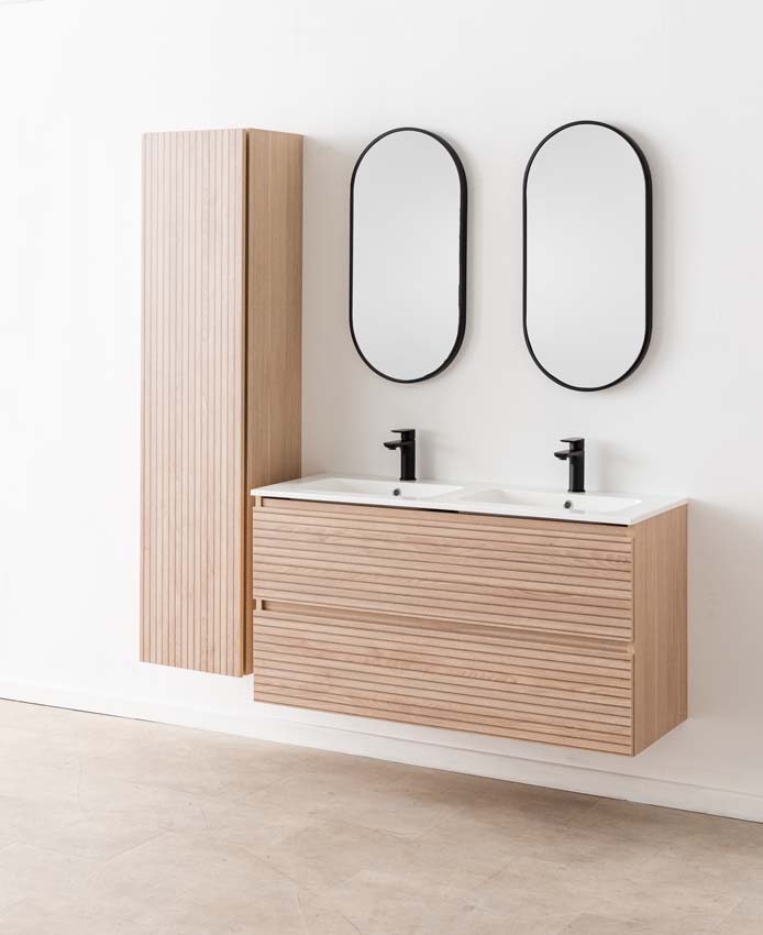 Meuble de salle de bains Dotan line up suspendu avec lavabo double blanc brillant 120cm
