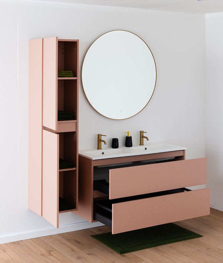 Meuble de salle de bains Dotan abricot suspendu avec double lavabo blanc mat 120cm