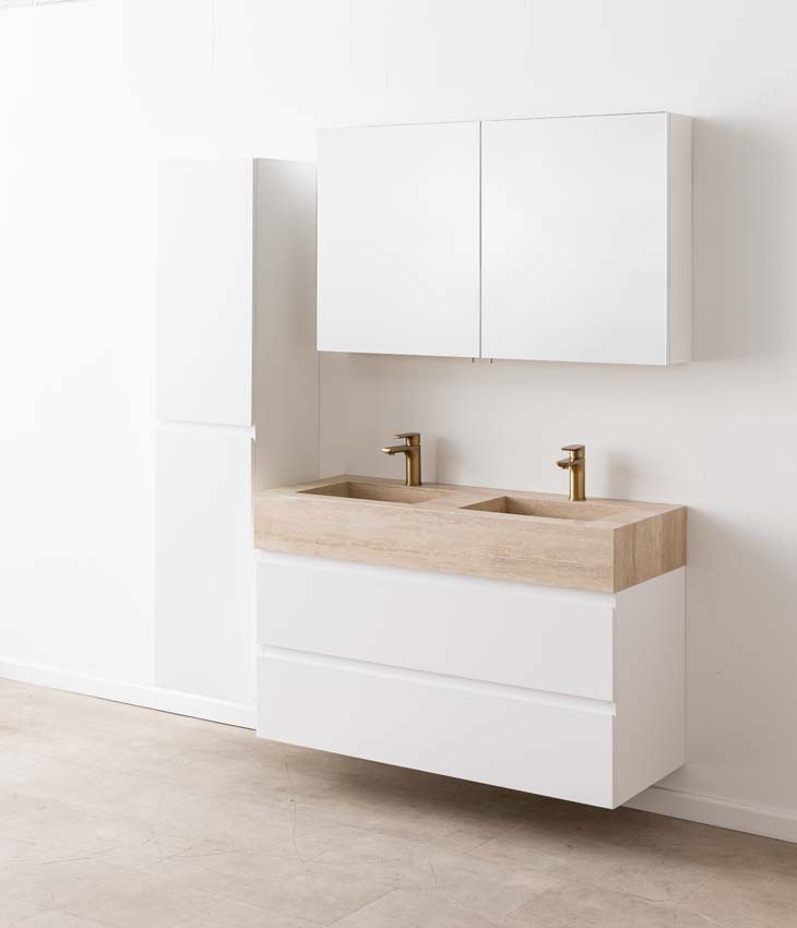 Meuble de salle de bain Tibo blanc avec double lavabo large en travertin 120cm