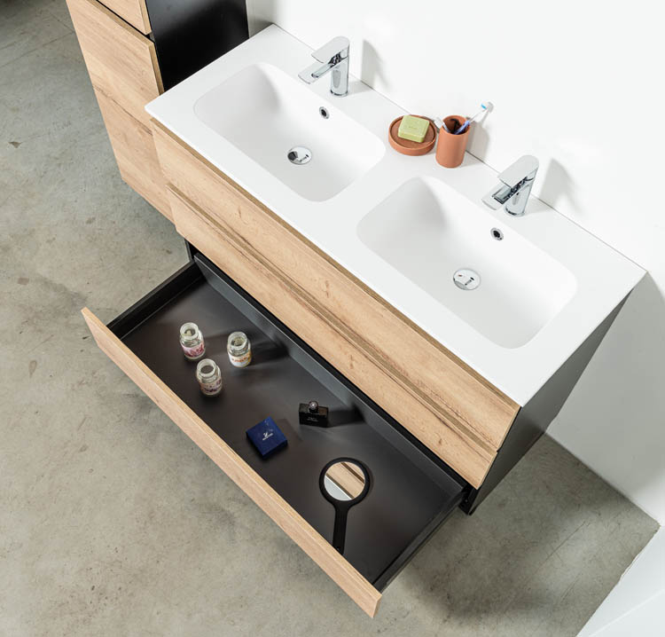 Meuble de salle de bain Dotan chêne/noir 1200 mm sur pied 2 lavabo mat