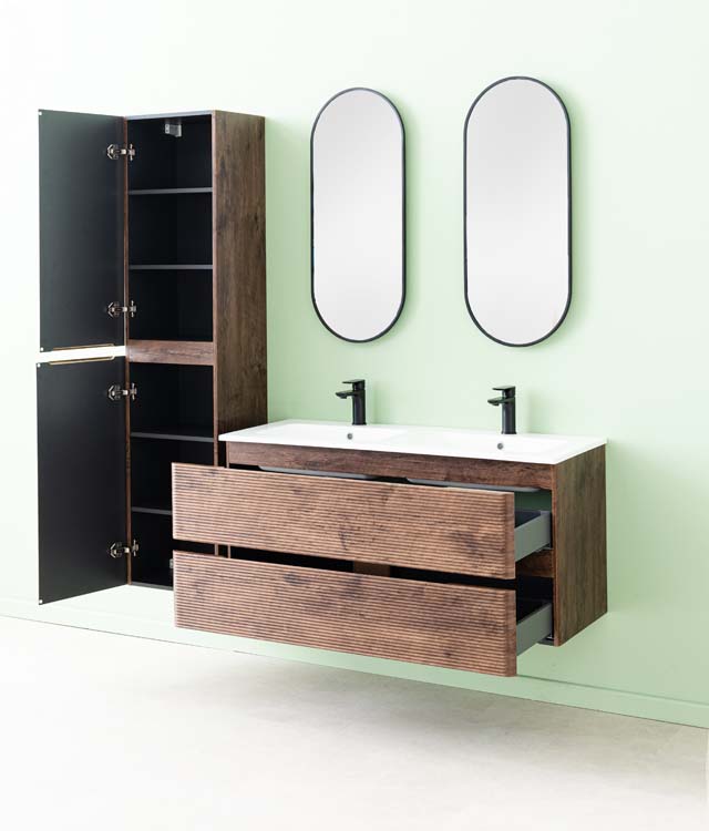 Meuble de salle de bains Jelte noyer suspendu avec lavabo double blanc mat 120cm Meuble de salle de bains Jelte noyer suspendu avec lavabo double blanc mat 120cm