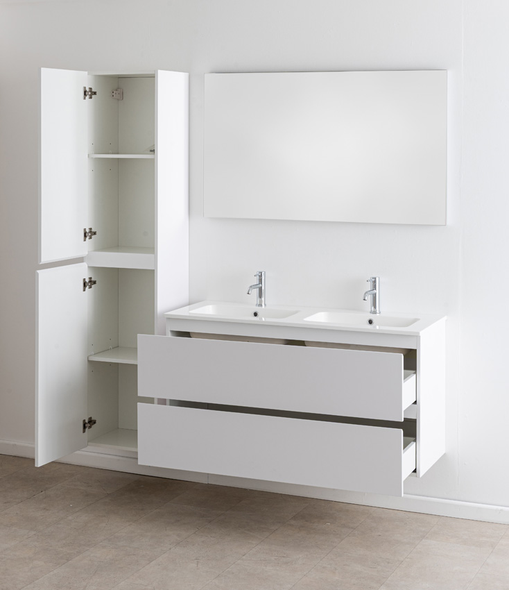 Badkamermeubel Bianca mat wit hangend met dubbele wastafel glanzend wit 120,5cm