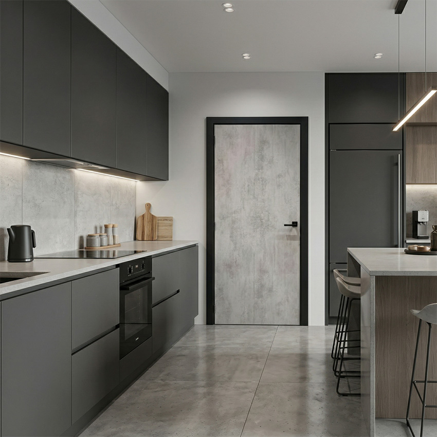 Porte intérieure complète Industrial béton 211,5x83cm tubulaire réversible + châssis noir 40cm