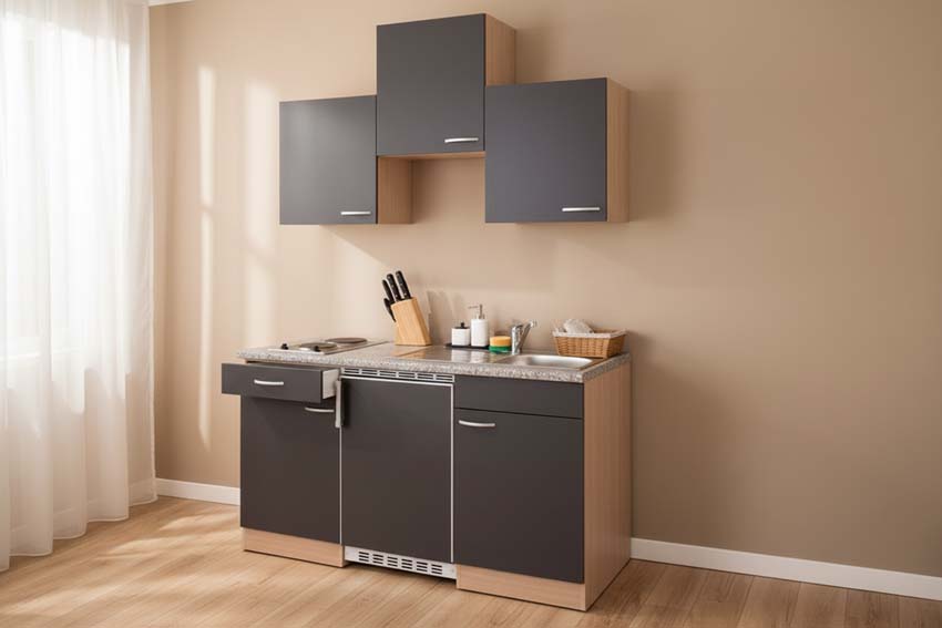 Cuisine gris/hêtre 150cm - plaque de cuisson en inox - sans appareils