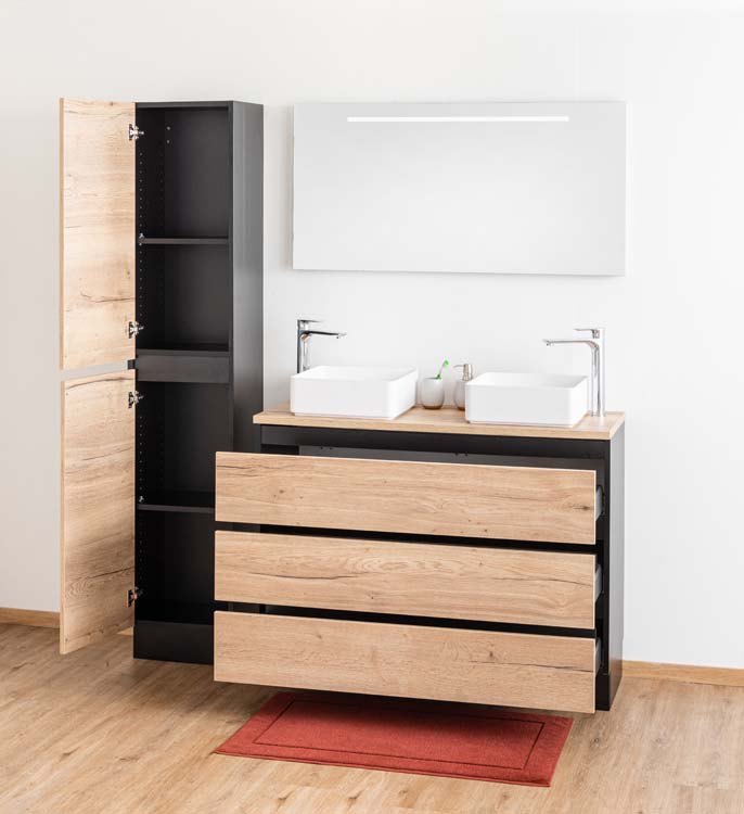 Badkamermeubel Dotan zwart/eik 1200 mm staand opbouwtablet melamine Badkamermeubel Dotan zwart/eik 1200 mm staand opbouwtablet melamine