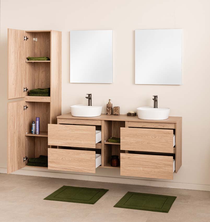 Badkamermeubel Bella eiklook 1500 mm dubbele wastafel wit met kraangat
