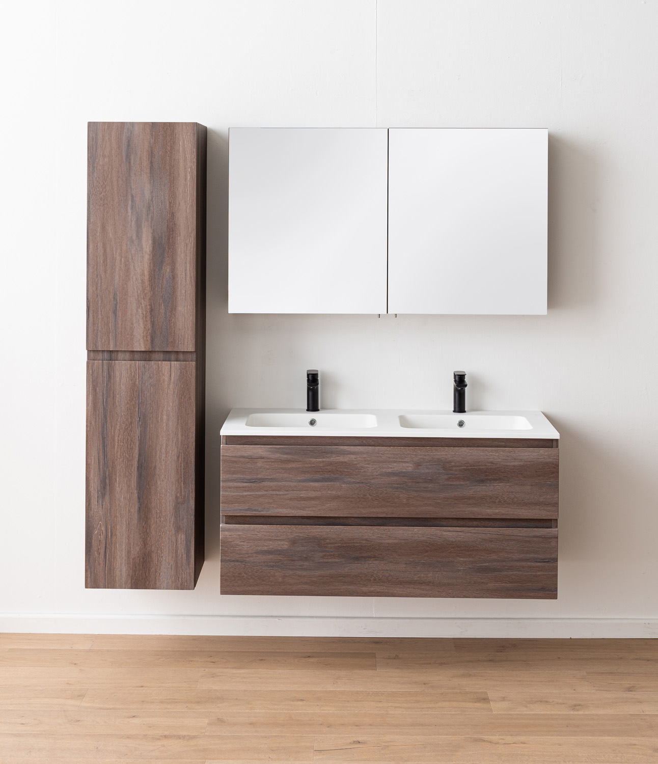 Meuble de salle de bains Tarik chêne ambré suspendu avec double vasque blanc mat 120cm