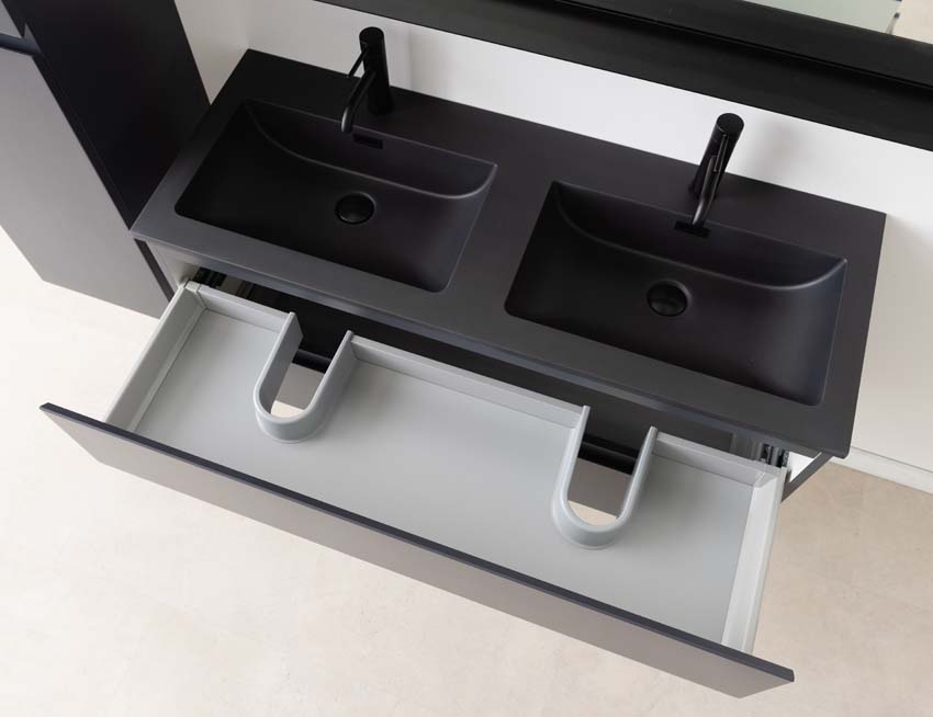 Badkamermeubel Tibo grijs hangend met dubbele wastafel mat zwart 120cm
