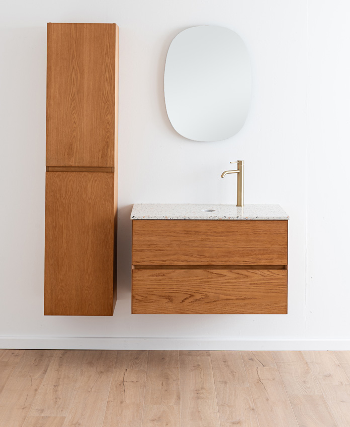 Badkamermeubel Fior eik hangend met enkel topblad terrazzo 90cm