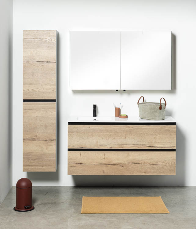 Badkamermeubel Dotan eik hangend met  enkele wastafel links glanzend wit 120cm