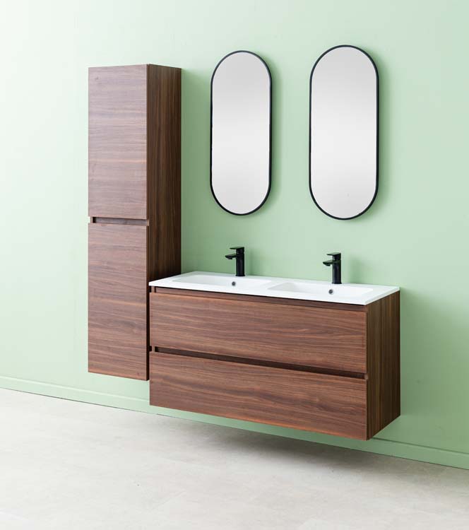 Meuble de salle de bains Dotan noyer suspendu avec lavabo double blanc mat 120cm
