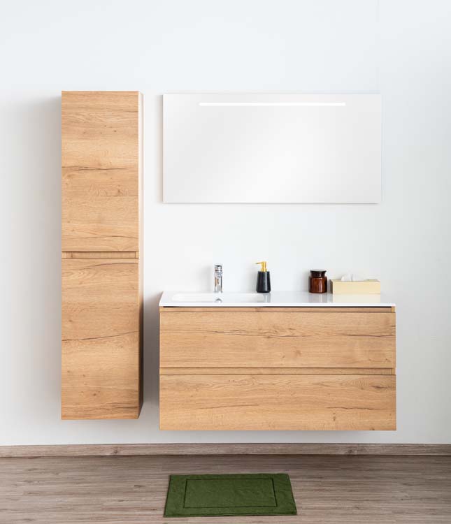 Meuble de salle de bain Daria chêne brun doré 1200 mm lavabo  brillant gauche