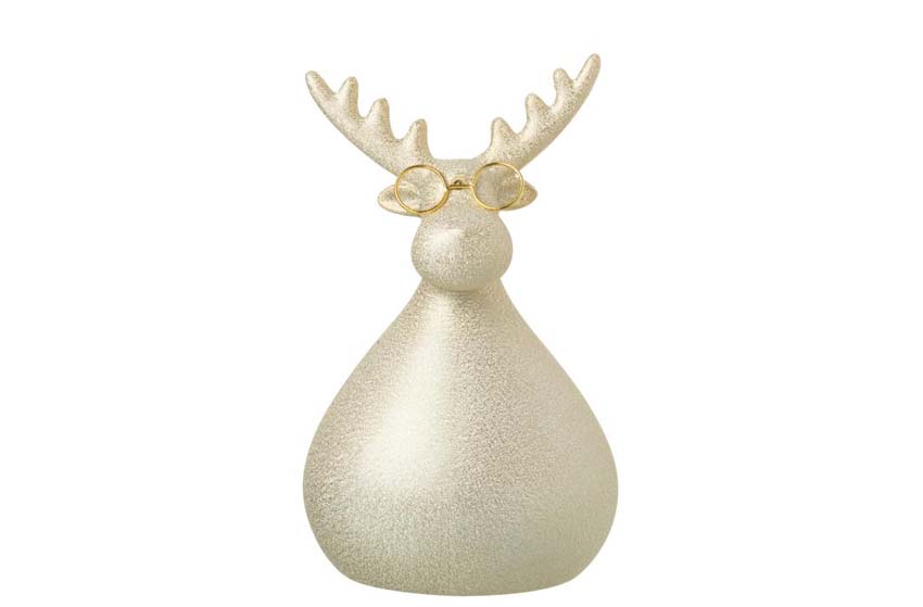 Beeld rendier met bril porselein goud 13x10,5x21cm