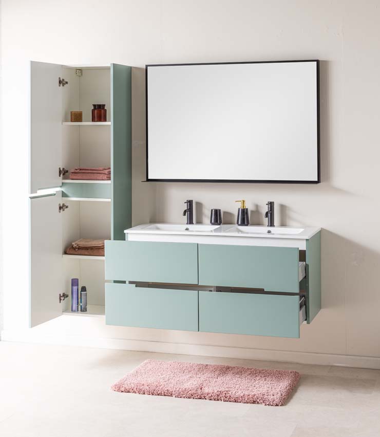 Meuble de salle de bains Truman vert gris suspendu avec lavabo double blanc brillant 120cm