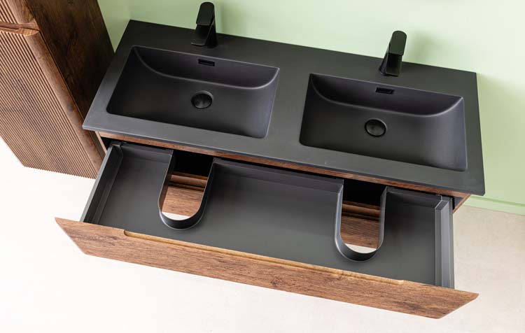 Badkamermeubel Jelte notelaar hangend met dubbele wastafel mat zwart 120cm