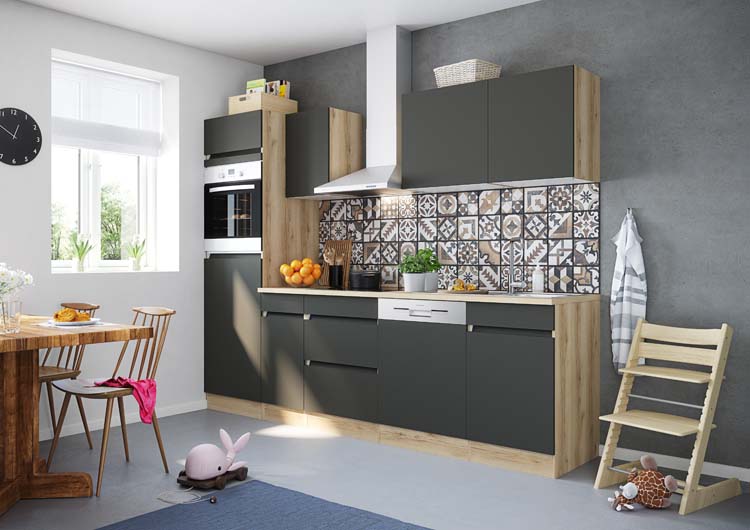 Keuken Wodan antraciet/houtlook 270cm - met toestellen - vitrokeramische kookplaat en inox wanddampkap